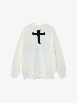 Suéter de punto desgastado con crucifijo y tachuelas – blanco roto, vista trasera | XoKool