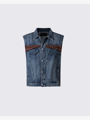 Chaleco vaquero con tachuelas y paneles efecto cuero – azul, vista frontal | XoKool