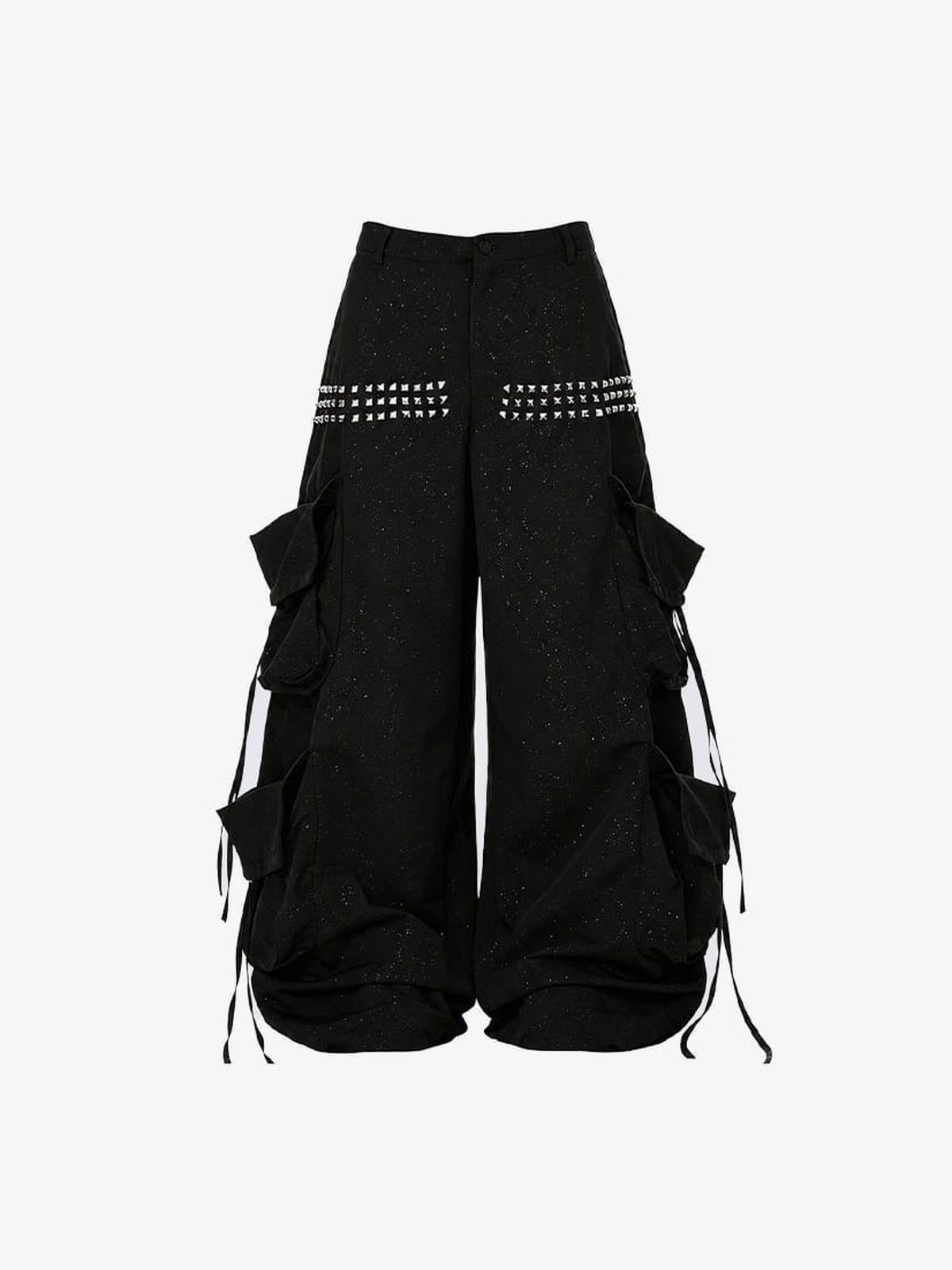 Studded Extra Baggy Cargo Pants – Black, front flat | XoKool