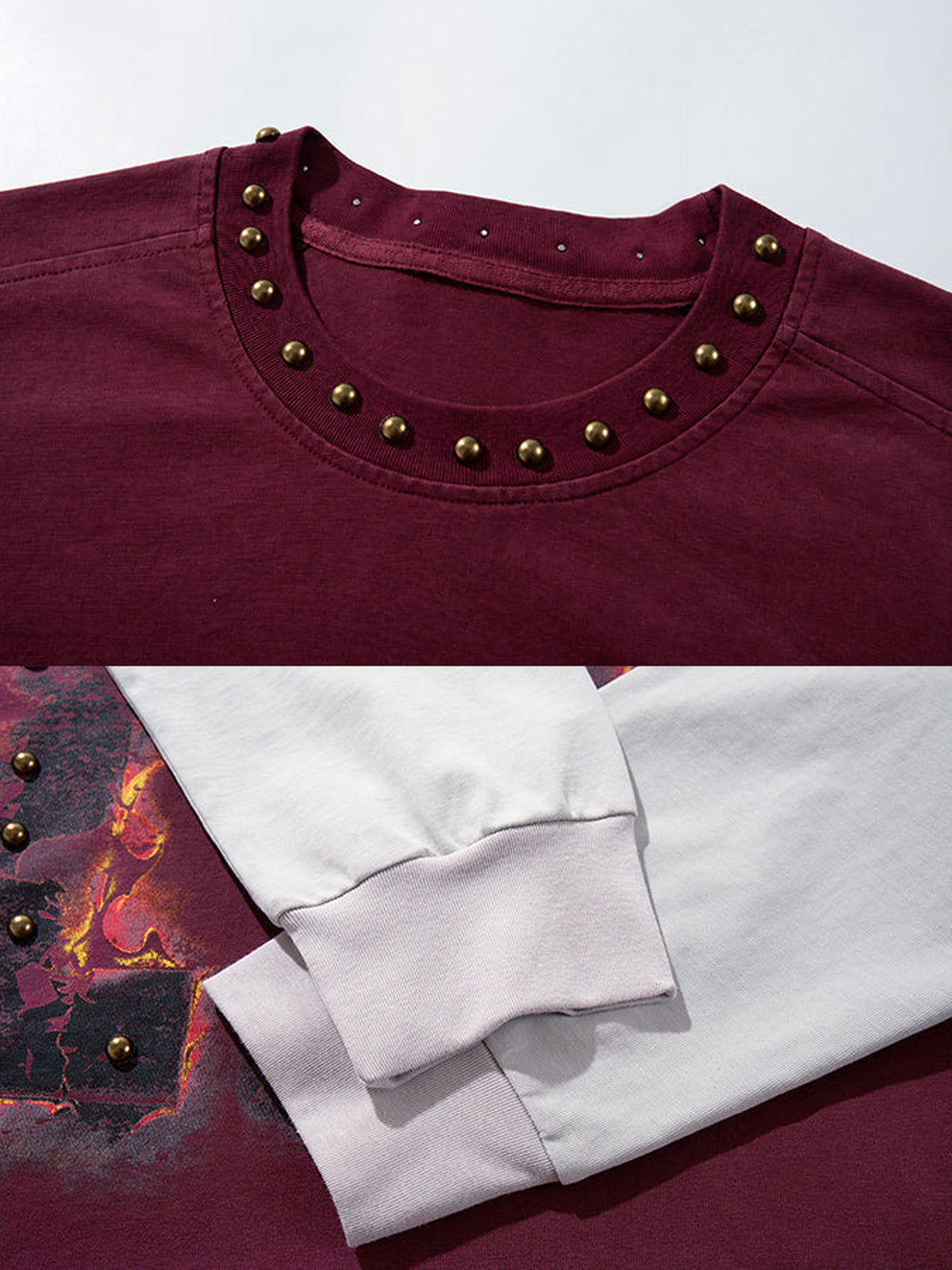 Studded Flame Longsleeve – Burgunderrot, Kragennieten und Bündchen Nahaufnahme | XoKool