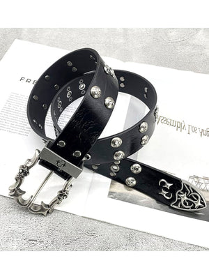 Cinturón con tachuelas y ojales con hebilla ornamentada – negro, hebilla y punta | XoKool