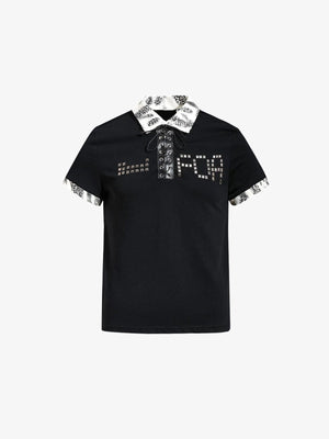 Polo con tachuelas y cordones con cuello de estampado de leopardo – negro, vista frontal | XoKool