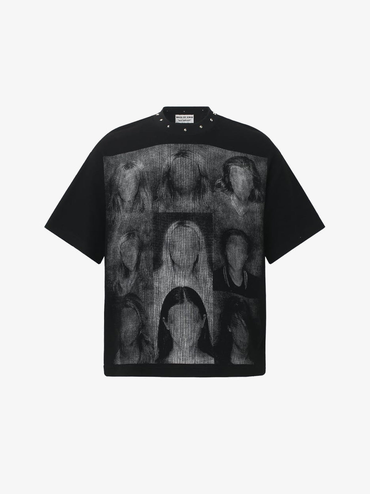 Studded Neckline Tee with Faded Portrait Grid – front, flat | XoKool