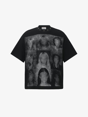 Studded Neckline Tee with Faded Portrait Grid – front, flat | XoKool