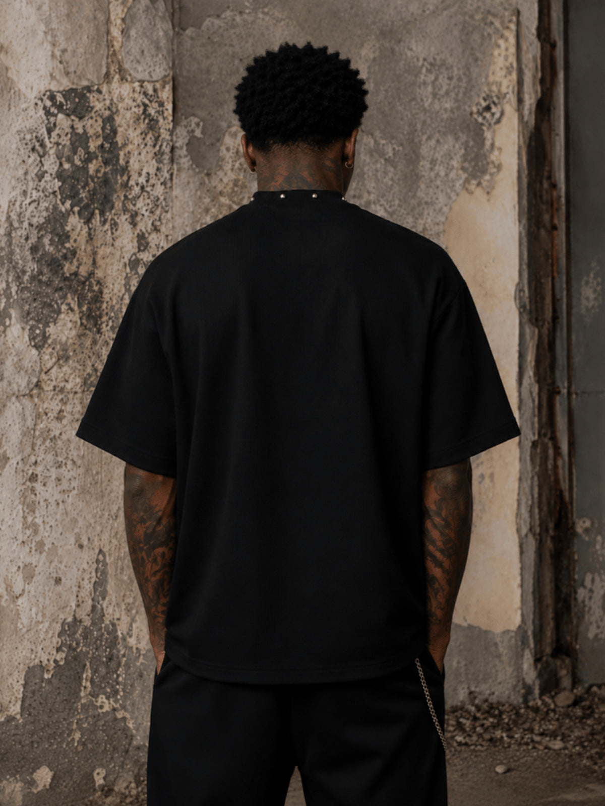 Studded Neckline Tee with Faded Portrait Grid – on model back | XoKool
