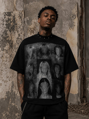 Studded Neckline Tee with Faded Portrait Grid – on model front | XoKool