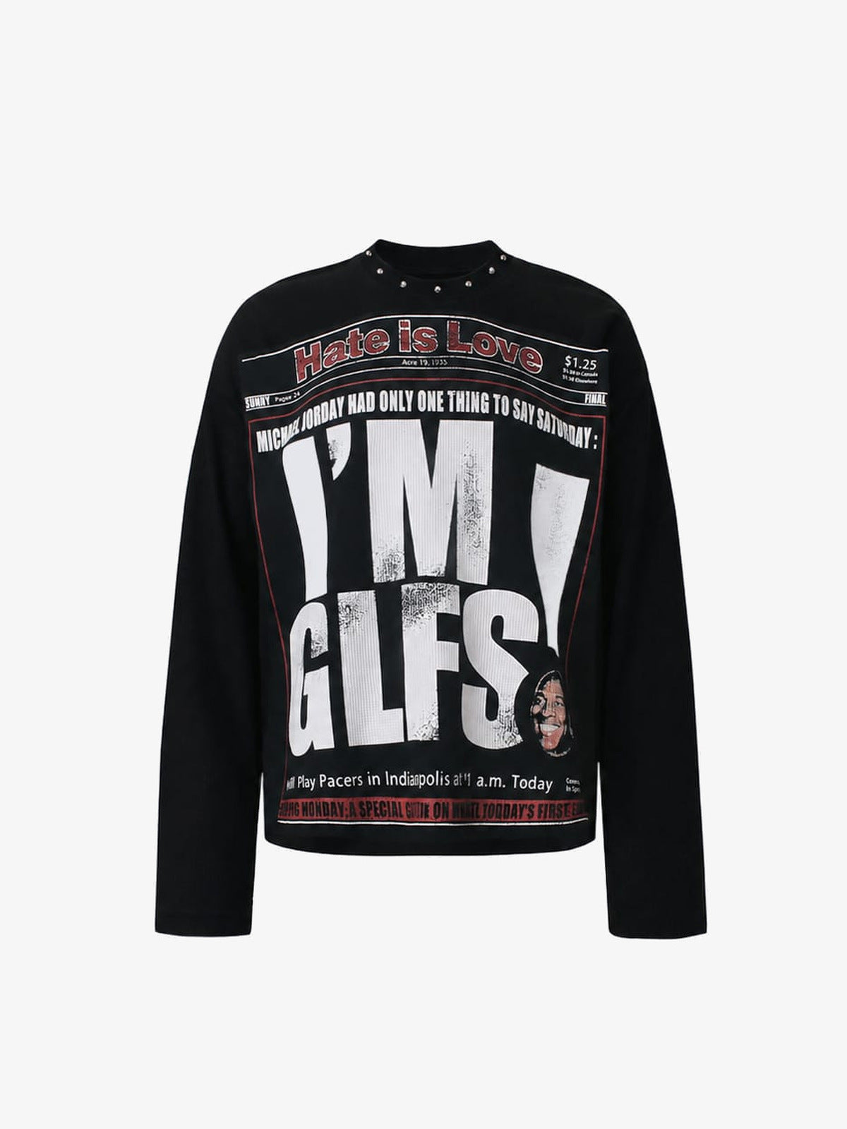 Studded Newspaper Print Long Sleeve Tee – Black, front view | XoKool