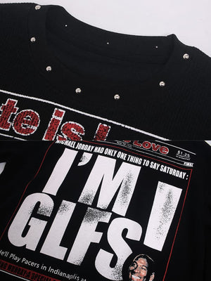 Studded newspaper tee – Black, studs and headline close-up | XoKool