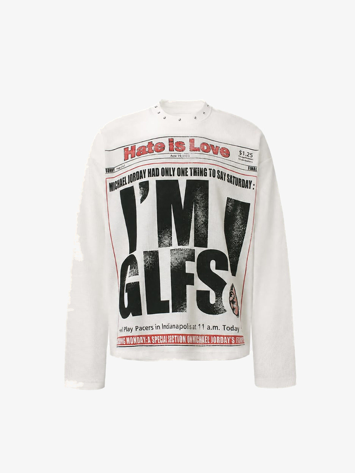 Studded Newspaper Print Long Sleeve Tee – White, front view | XoKool