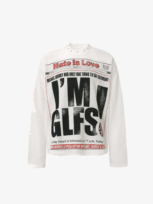 Studded Newspaper Print Long Sleeve Tee – White, front view | XoKool