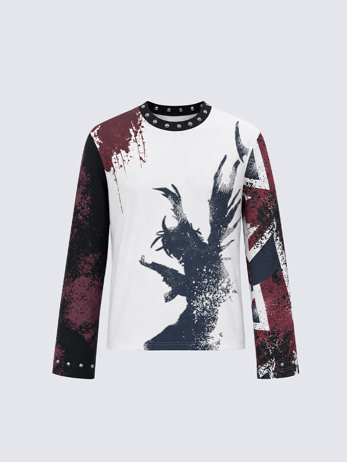 Studded Punk Long Sleeve Tee with Flag Sleeve – White, front view | XoKool
