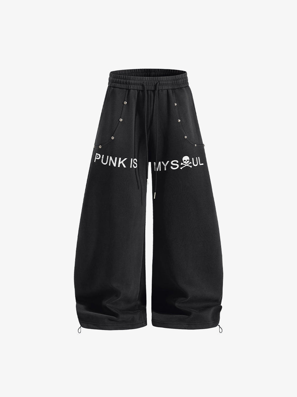 Barrel Leg Jogginghose mit Nieten und Totenkopf-Print – Schwarz, Vorderseite flach | XoKool