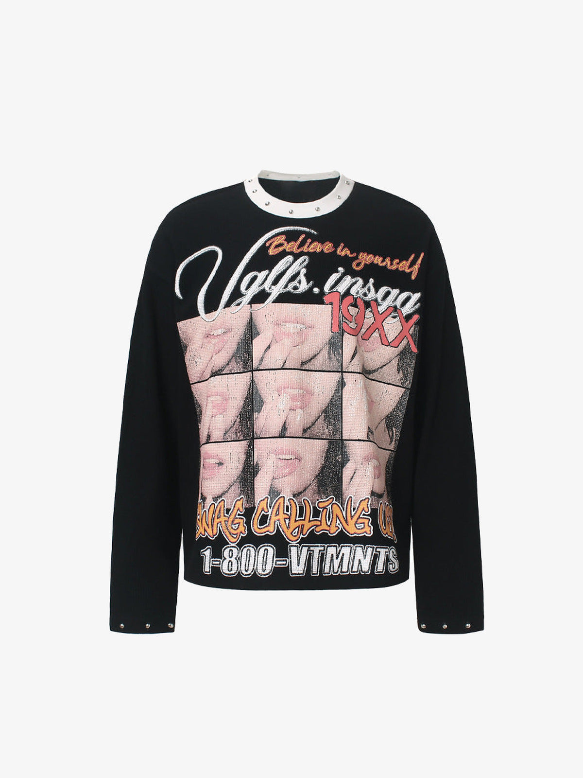 Waffelstrick Longsleeve mit Nieten und Lips Print – Vorderseite | XoKool