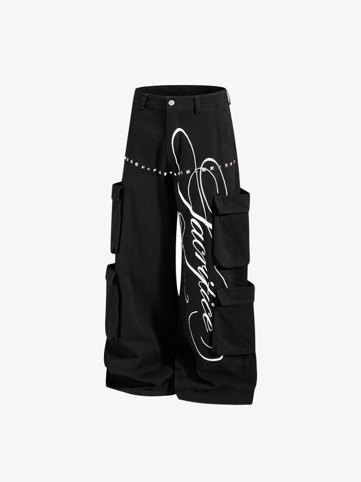 Studded cargo pants – Black, front flat angle | XoKool