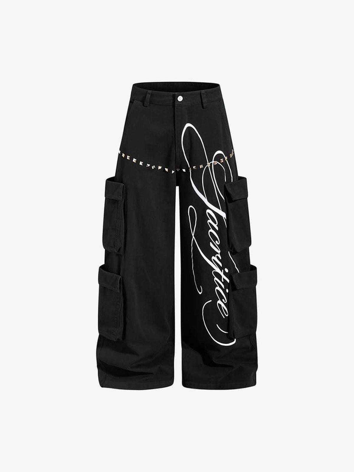 Studded Wide Leg Cargo Pants with Script Print – Black, front flat | XoKool