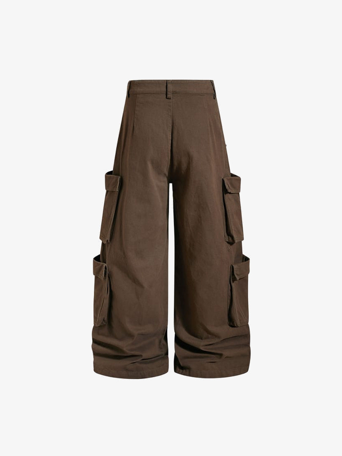Studded Wide Leg Cargo Pants with Script Print – Brown, back flat | XoKool
