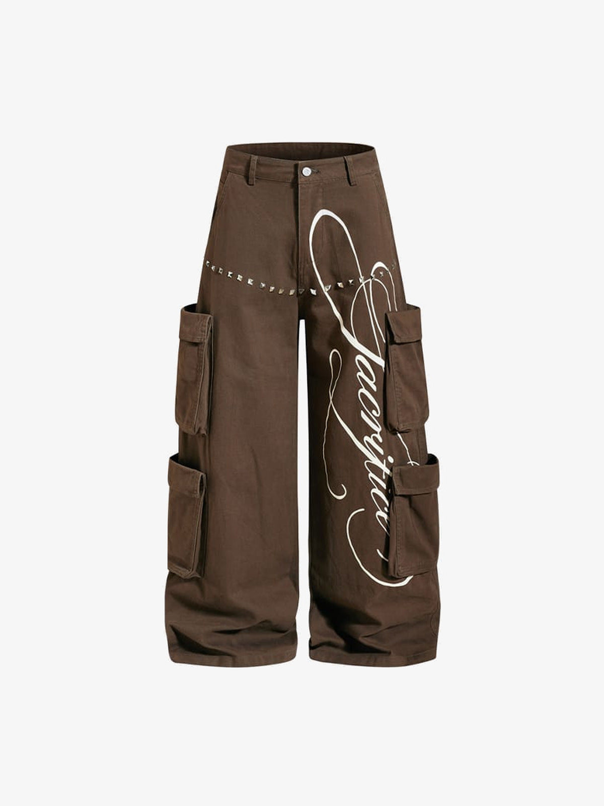 Studded Wide Leg Cargo Pants with Script Print – Brown, front flat | XoKool
