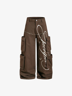 Studded Wide Leg Cargo Pants with Script Print – Brown, front flat | XoKool