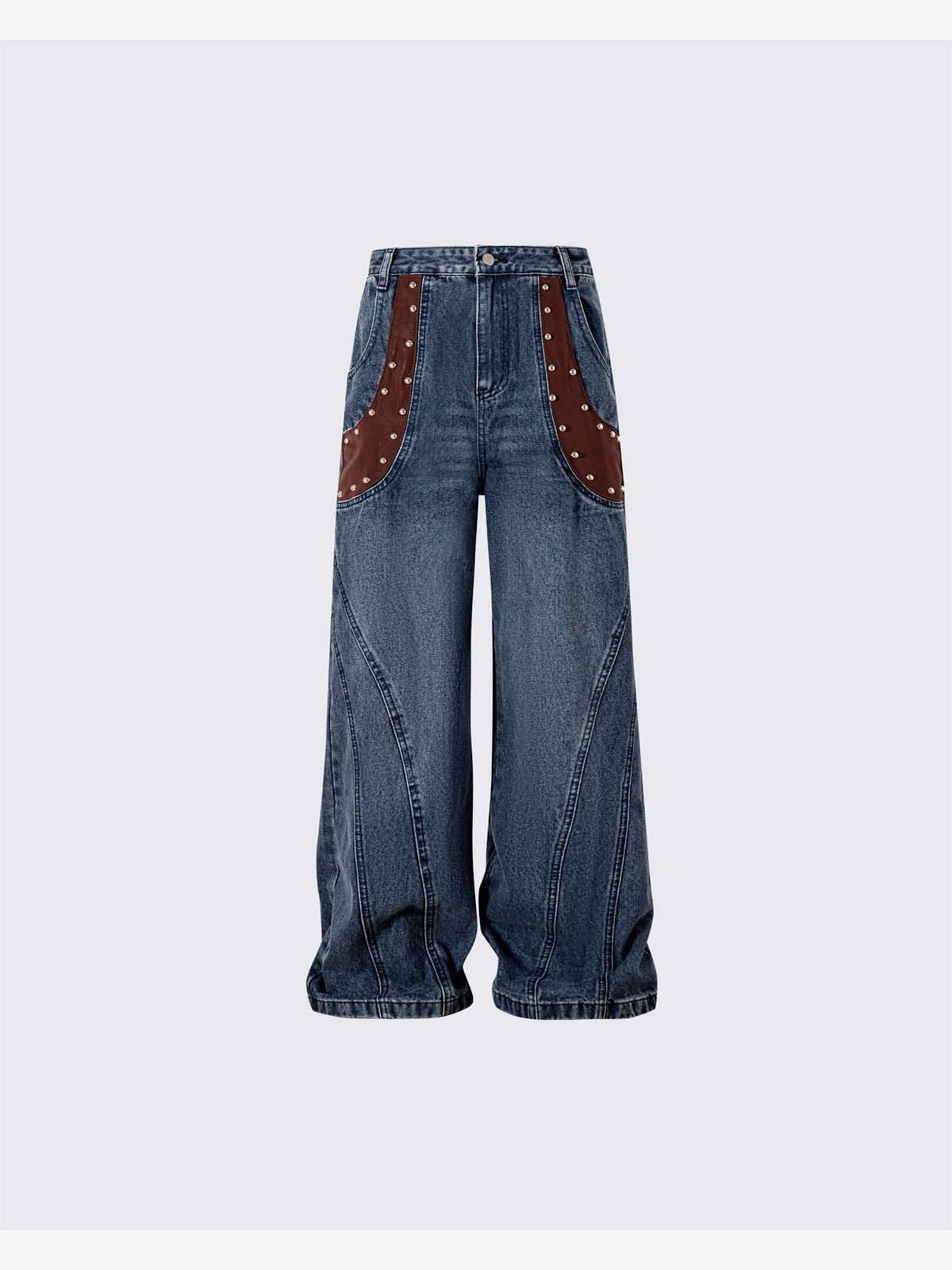 Wide Leg Jeans mit Nieten und braunen Taschenpanels – Vorderseite flach ausgelegt | XoKool