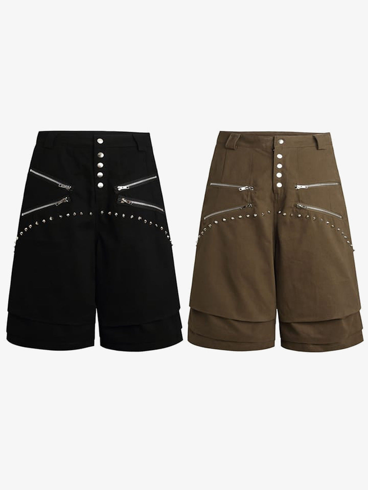 Shorts mit Nieten – Schwarz und Olivbraun, Vorderansicht flach | XoKool