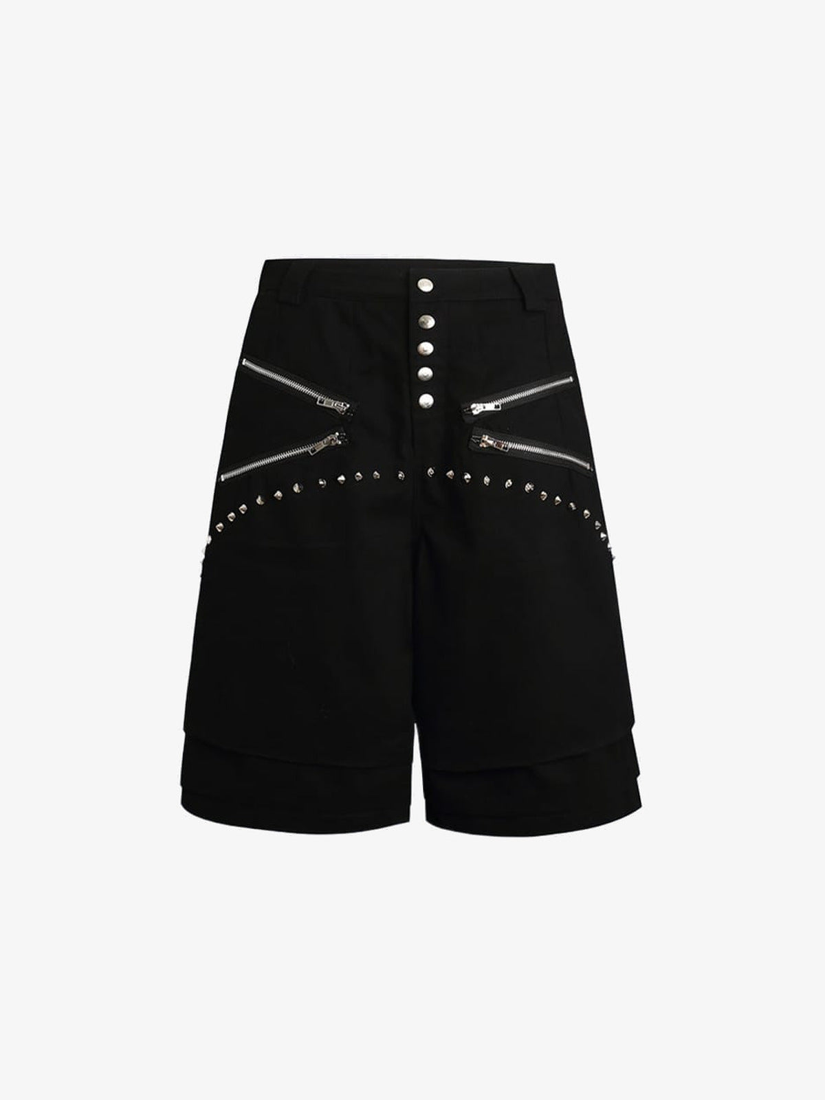 Wide Leg Shorts mit Nieten und Reißverschluss-Details – Schwarz, Vorderansicht flach | XoKool