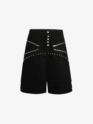 Wide Leg Shorts mit Nieten und Reißverschluss-Details – Schwarz, Vorderansicht flach | XoKool