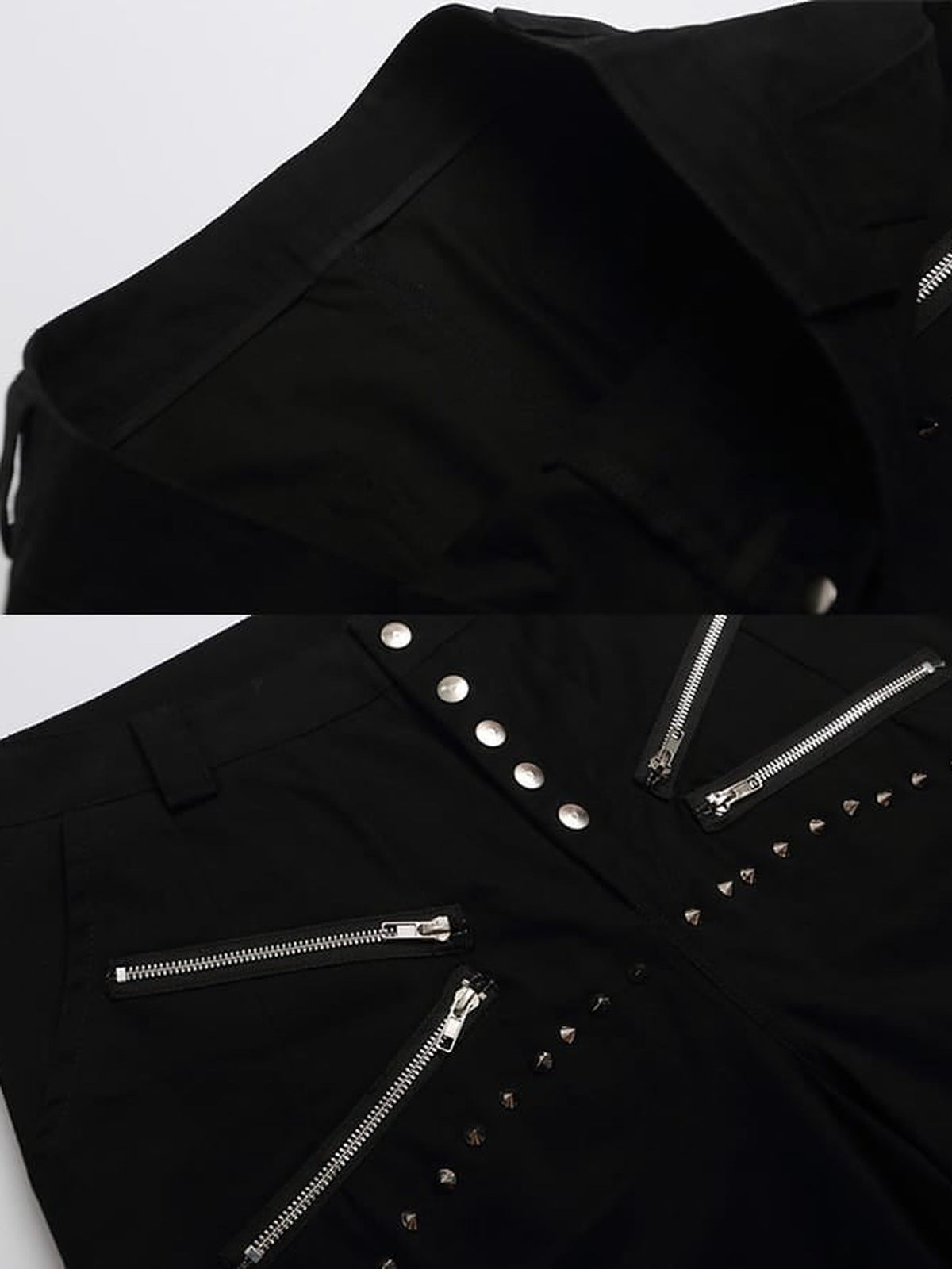 Shorts mit Nieten – Schwarz, Detail von Reißverschluss und Saum | XoKool