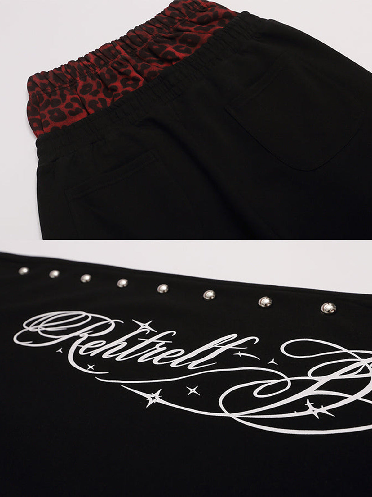 Studded sweatpants – back pocket and stud script close-up | XoKool