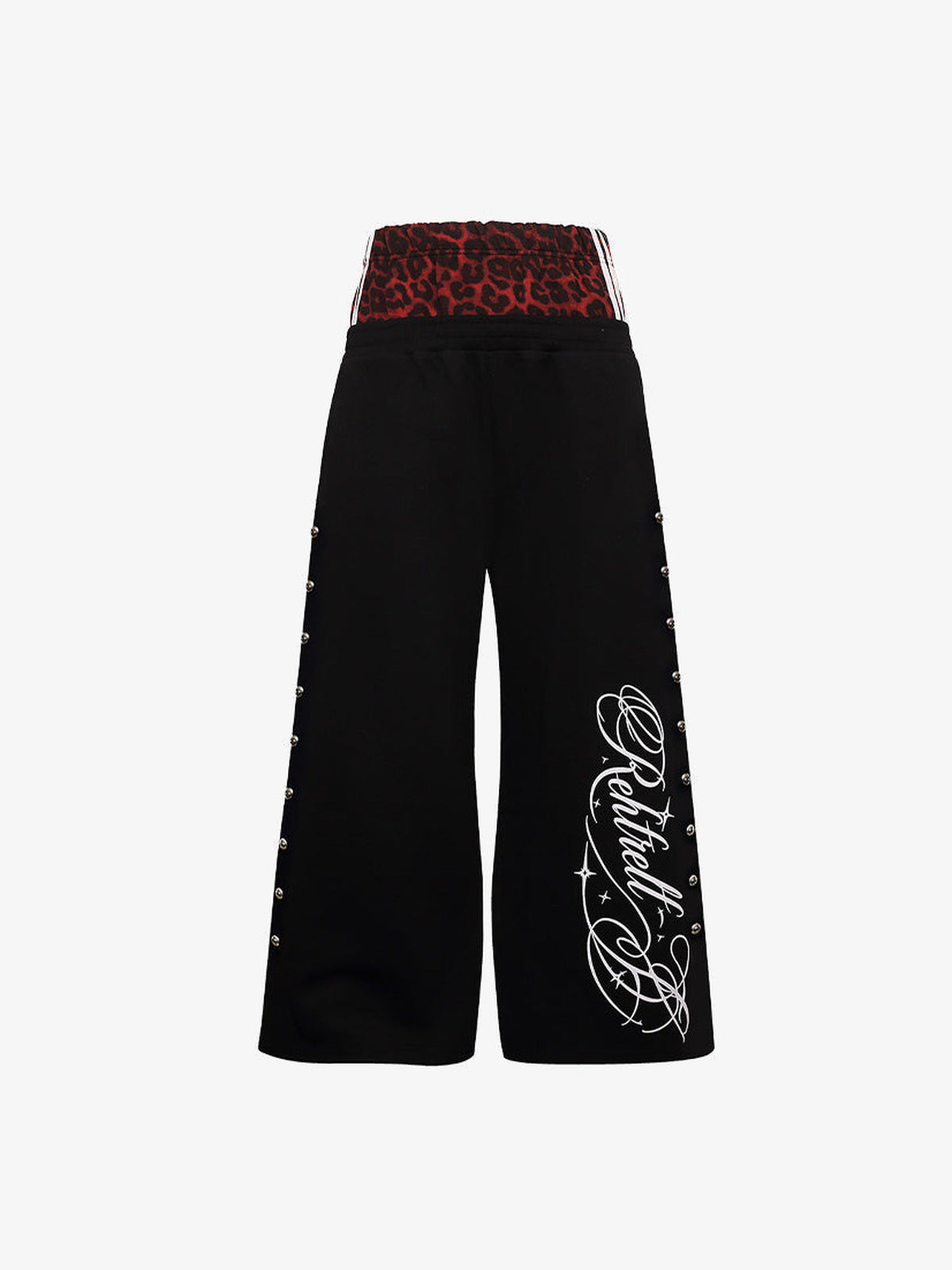 Studded Wide Leg Sweatpants with Leopard Waistband – Black, front view | XoKool