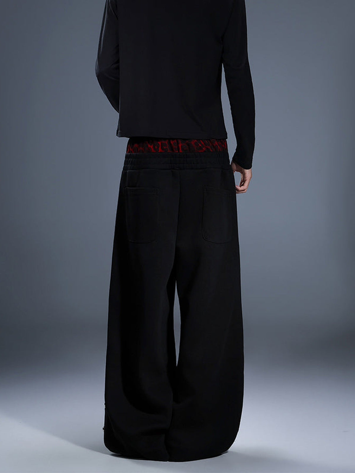 Studded Wide Leg Sweatpants with Leopard Waistband – Black, on model back | XoKool