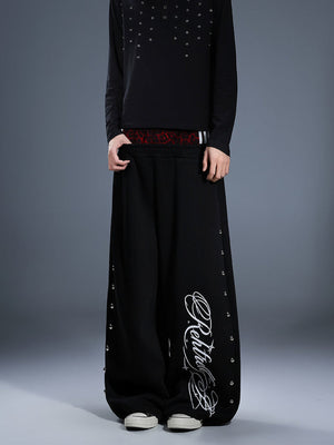 Studded Wide Leg Sweatpants with Leopard Waistband – Black, on model front | XoKool