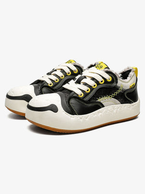 Black and Yellow Big Toe Sneakers with Frayed Collar – Black pair, front | XoKool