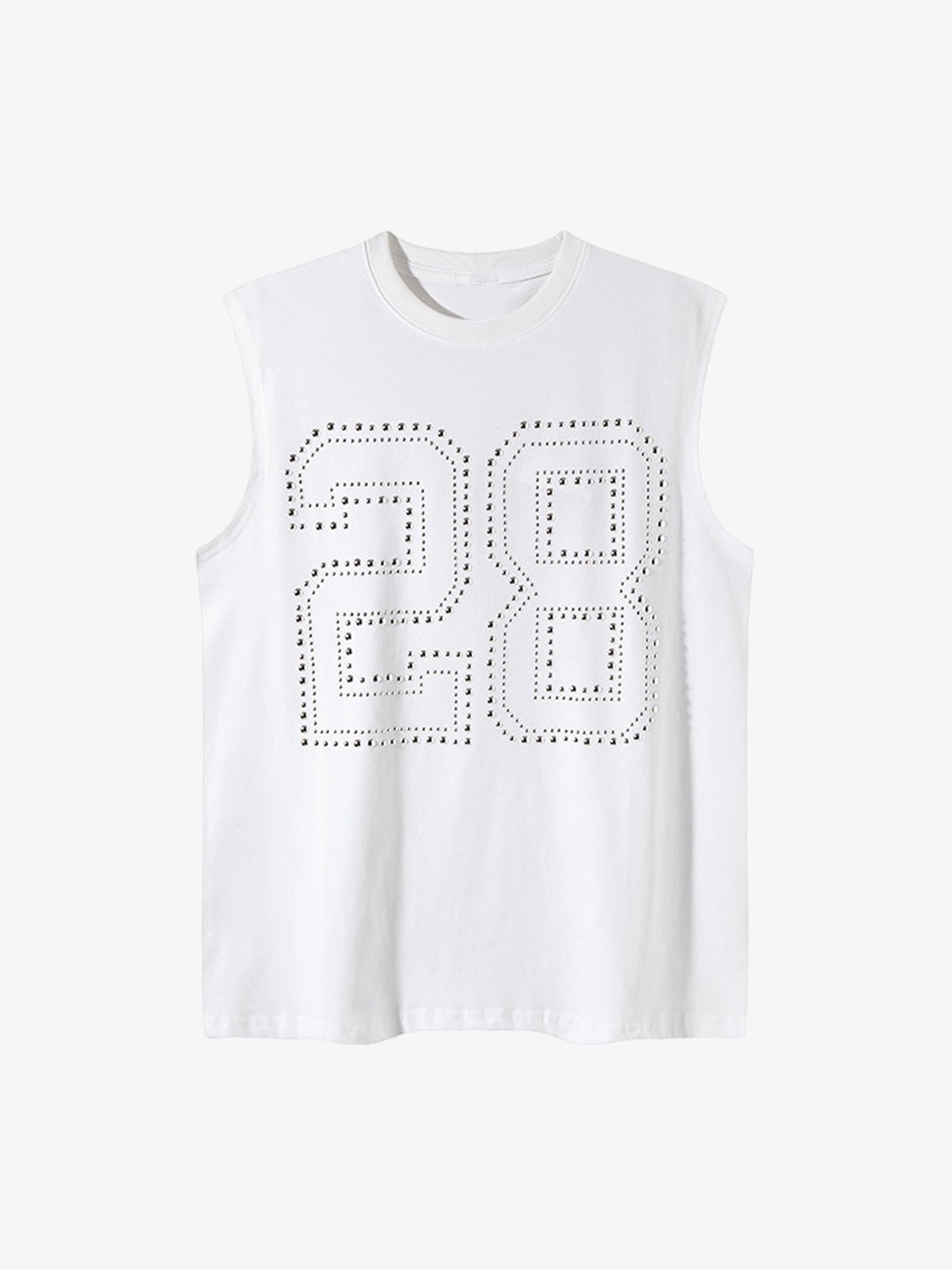Camiseta sin mangas con strass y número 28 de tachas – blanco, vista frontal plana | XoKool