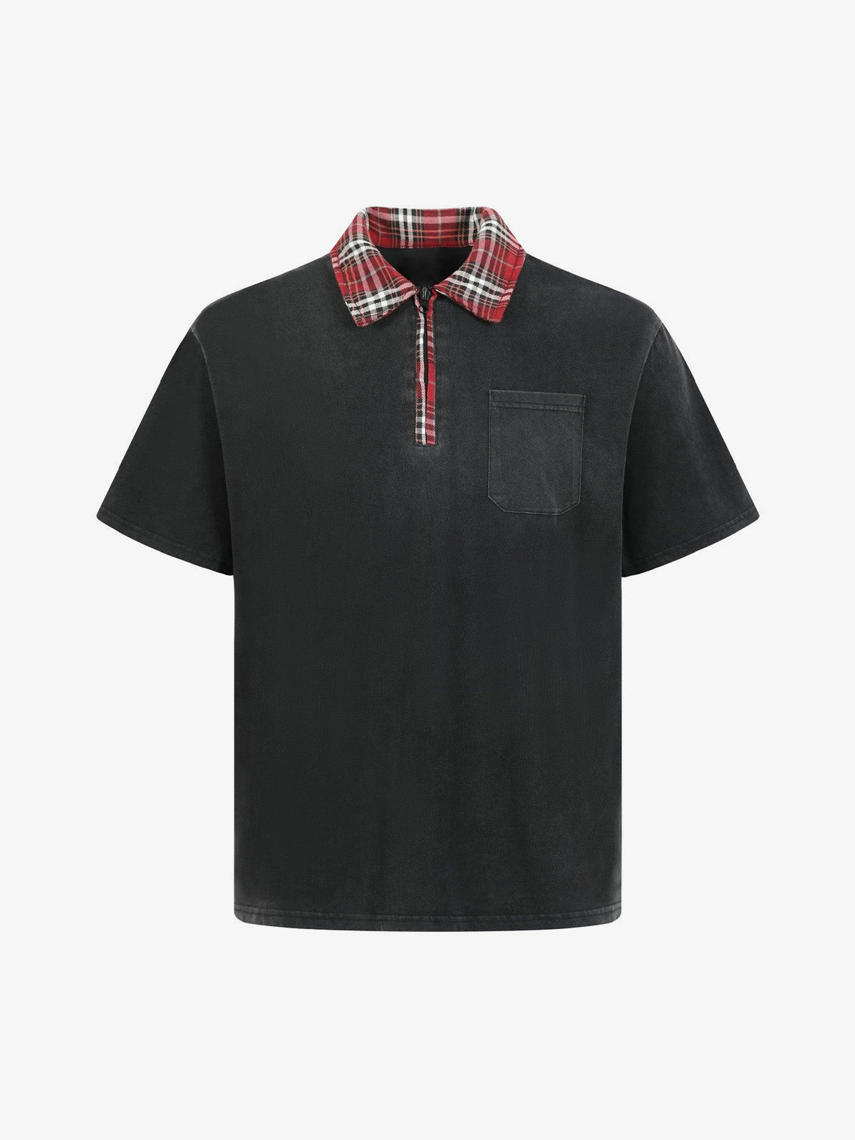 Washed Black Poloshirt mit Half Zip und Karo-Kragen – Schwarz, Vorderansicht | XoKool