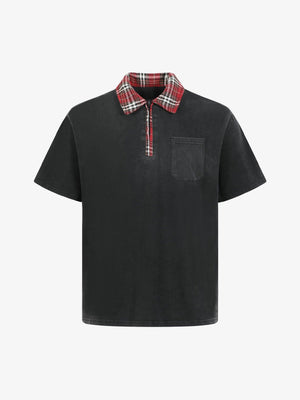 Washed Black Poloshirt mit Half Zip und Karo-Kragen – Schwarz, Vorderansicht | XoKool