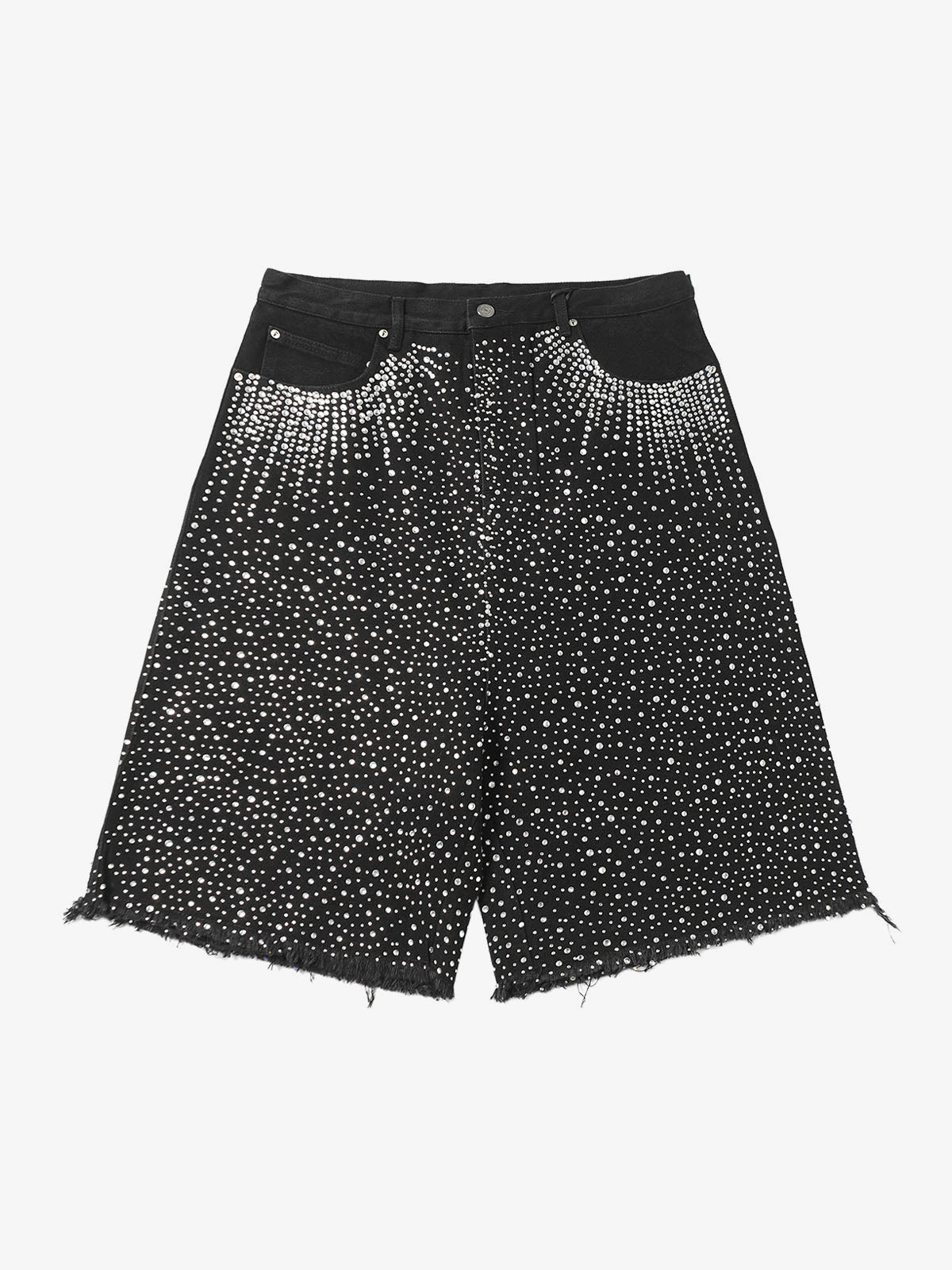Black Rhinestone Baggy Jorts with Raw Hem – Black, front flat | XoKool