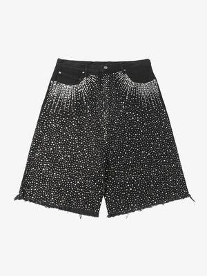 Schwarze Baggy Jorts mit Strass und Raw Hem – Schwarz, Vorderansicht flach | XoKool
