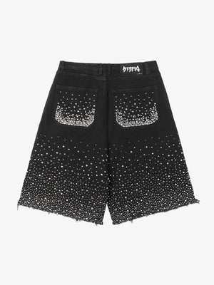 Schwarze Baggy Jorts mit Strass und Raw Hem – Rückansicht flach | XoKool