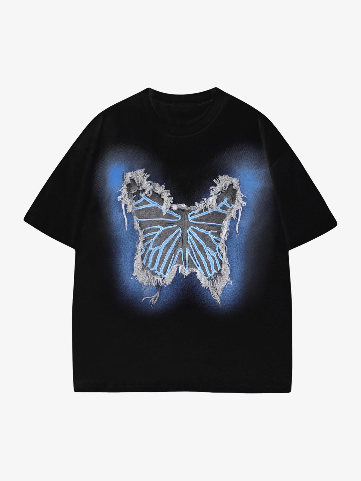 Denim Butterfly Patch T-Shirt with Airbrush Glow – Black, front view | XoKool