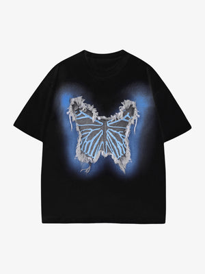 T-Shirt mit Denim-Schmetterlings-Patch und Airbrush-Glow – Schwarz, Vorderansicht | XoKool