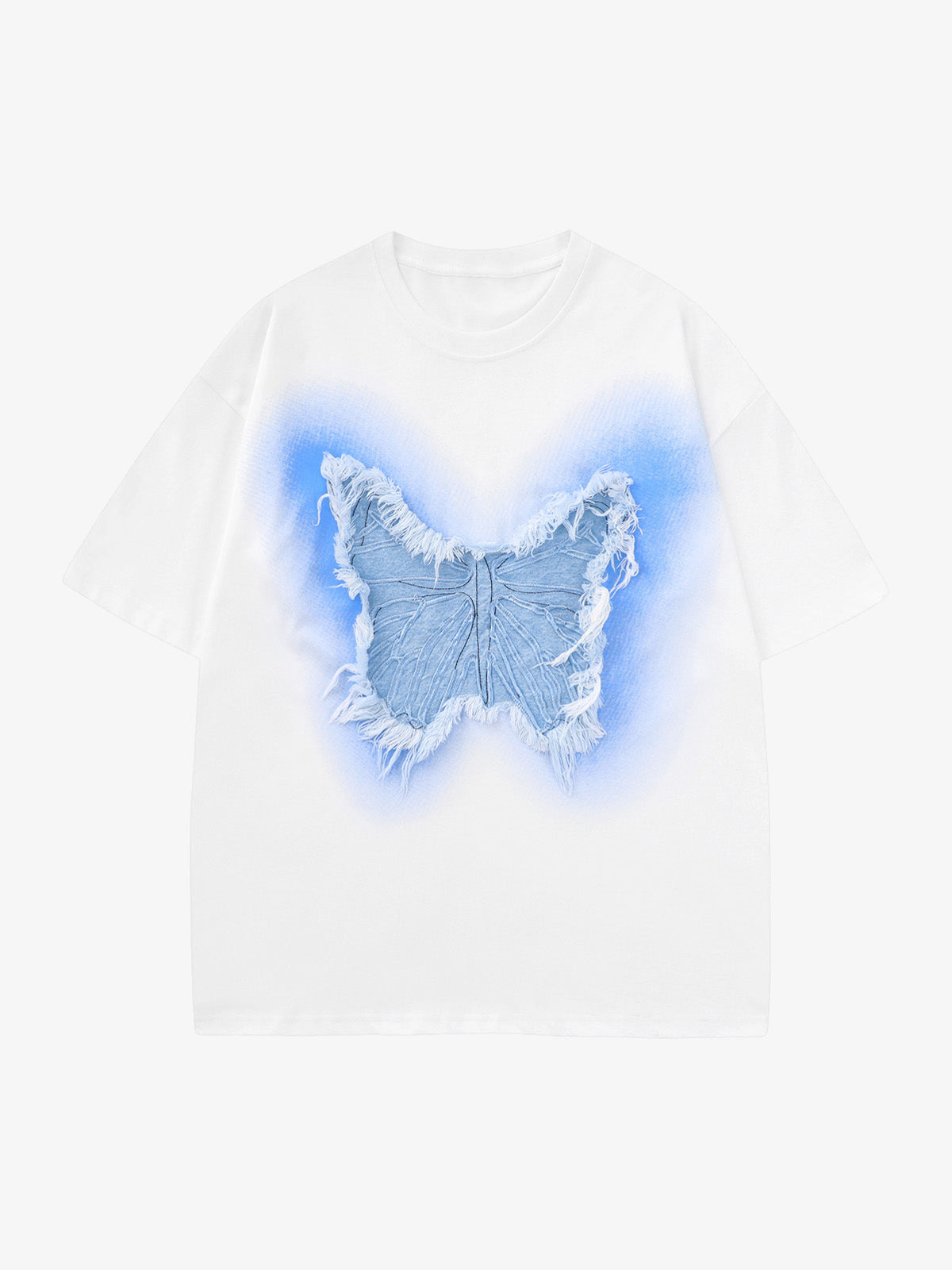 Denim Butterfly Patch T-Shirt with Airbrush Glow – White, front view | XoKool
