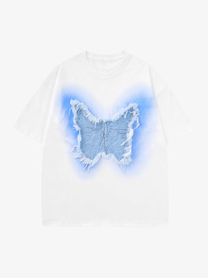 T-Shirt mit Denim-Schmetterlings-Patch und Airbrush-Glow – Weiß, Vorderansicht | XoKool
