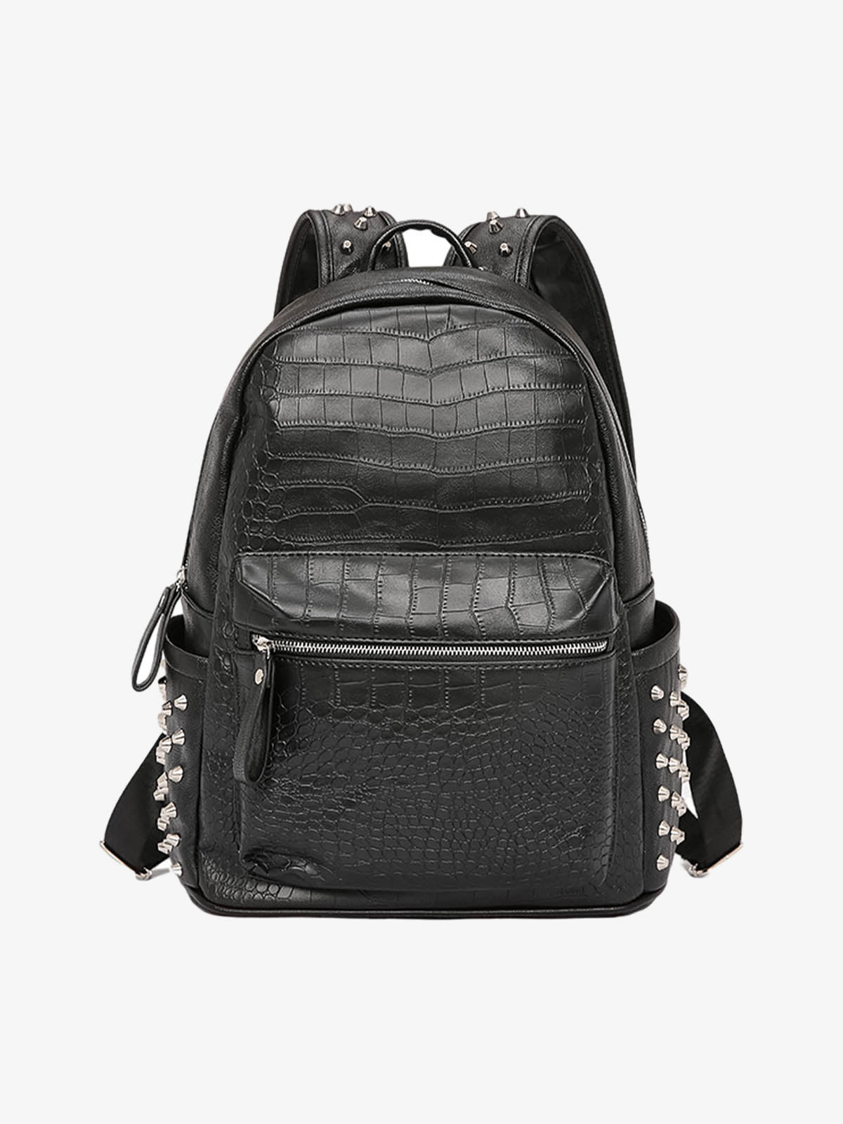 Studded Croc-Embossed Faux Leather Backpack – Black, front view | XoKool