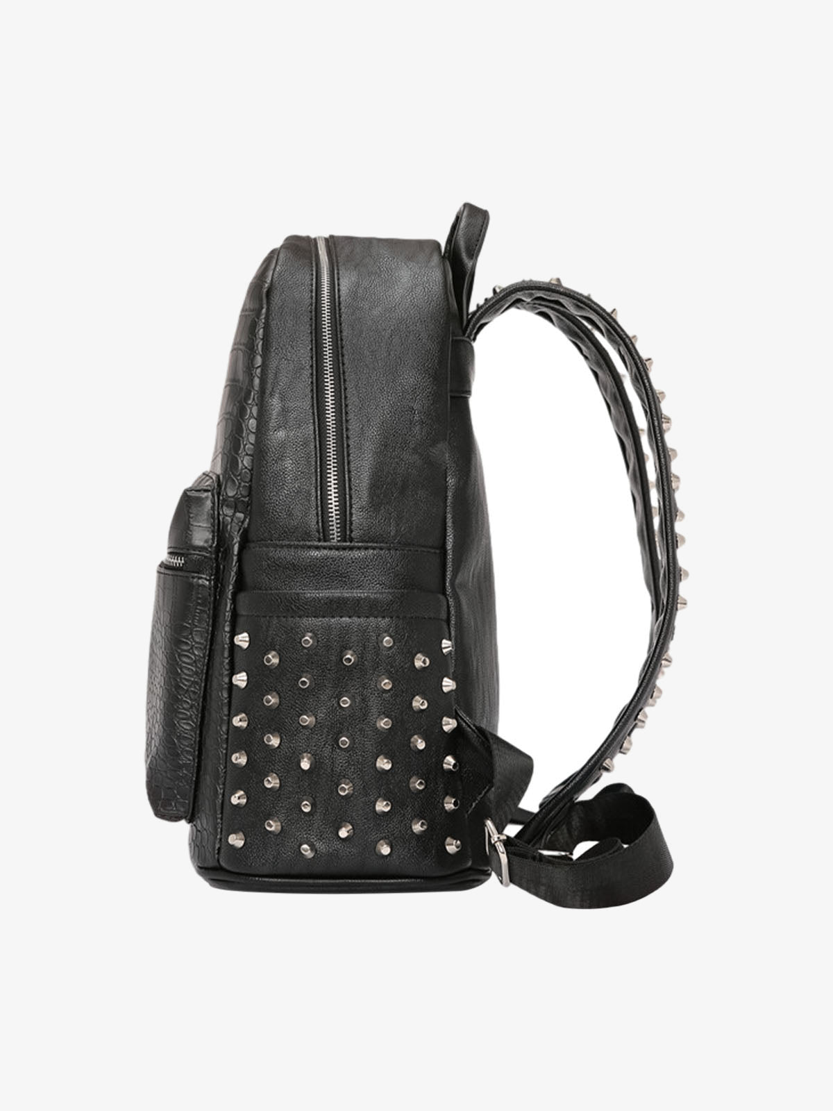 Studded Croc-Embossed Faux Leather Backpack – side view with studs | XoKool