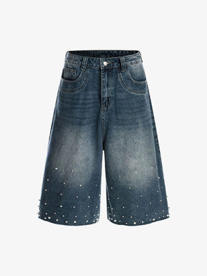 Pearl Studded Wide Leg Jorts – Dark Blue, front view | XoKool