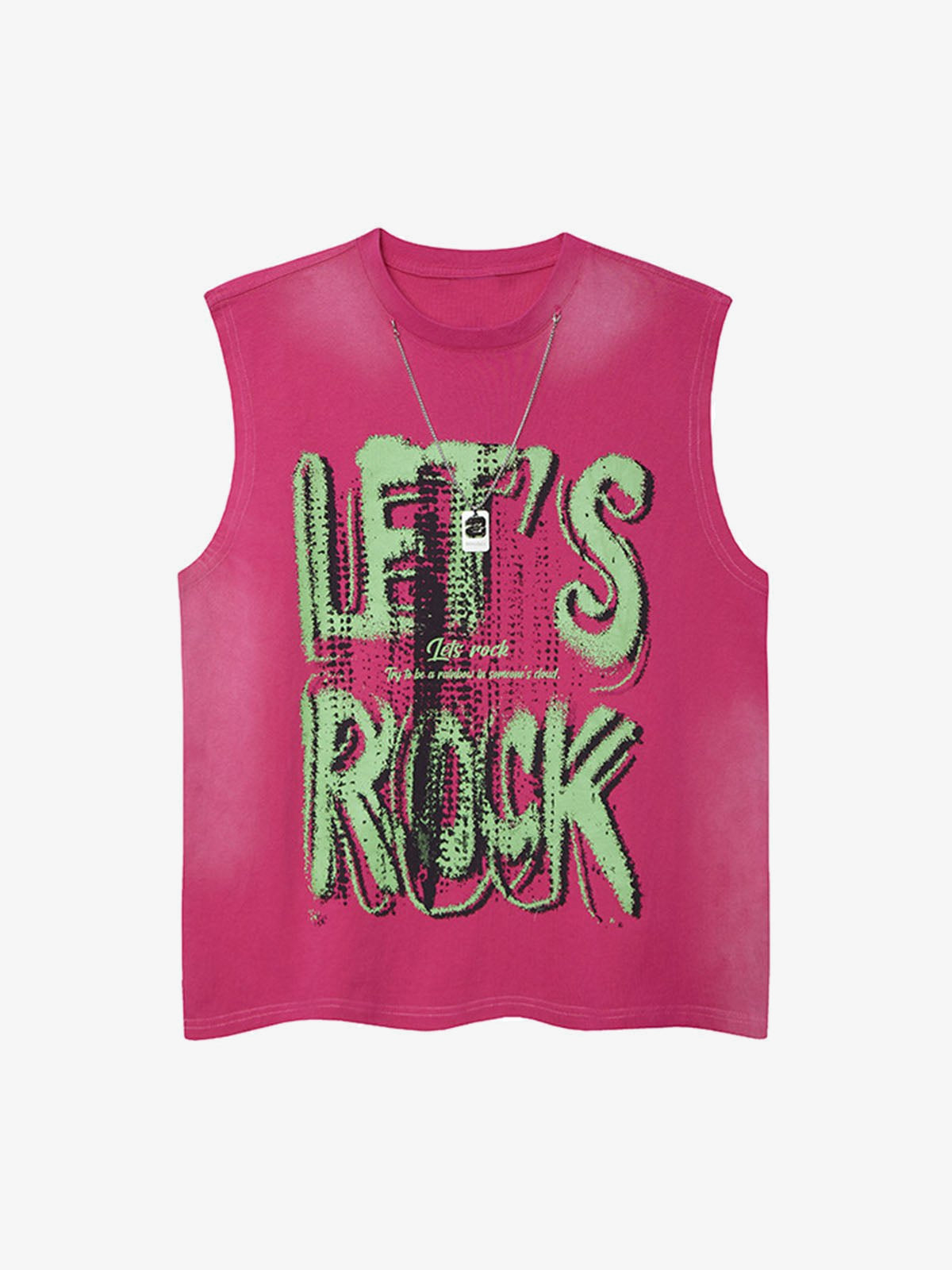 Washed Lets Rock Tanktop mit Dog Tag – Hot Pink, Vorderansicht mit Kette | XoKool