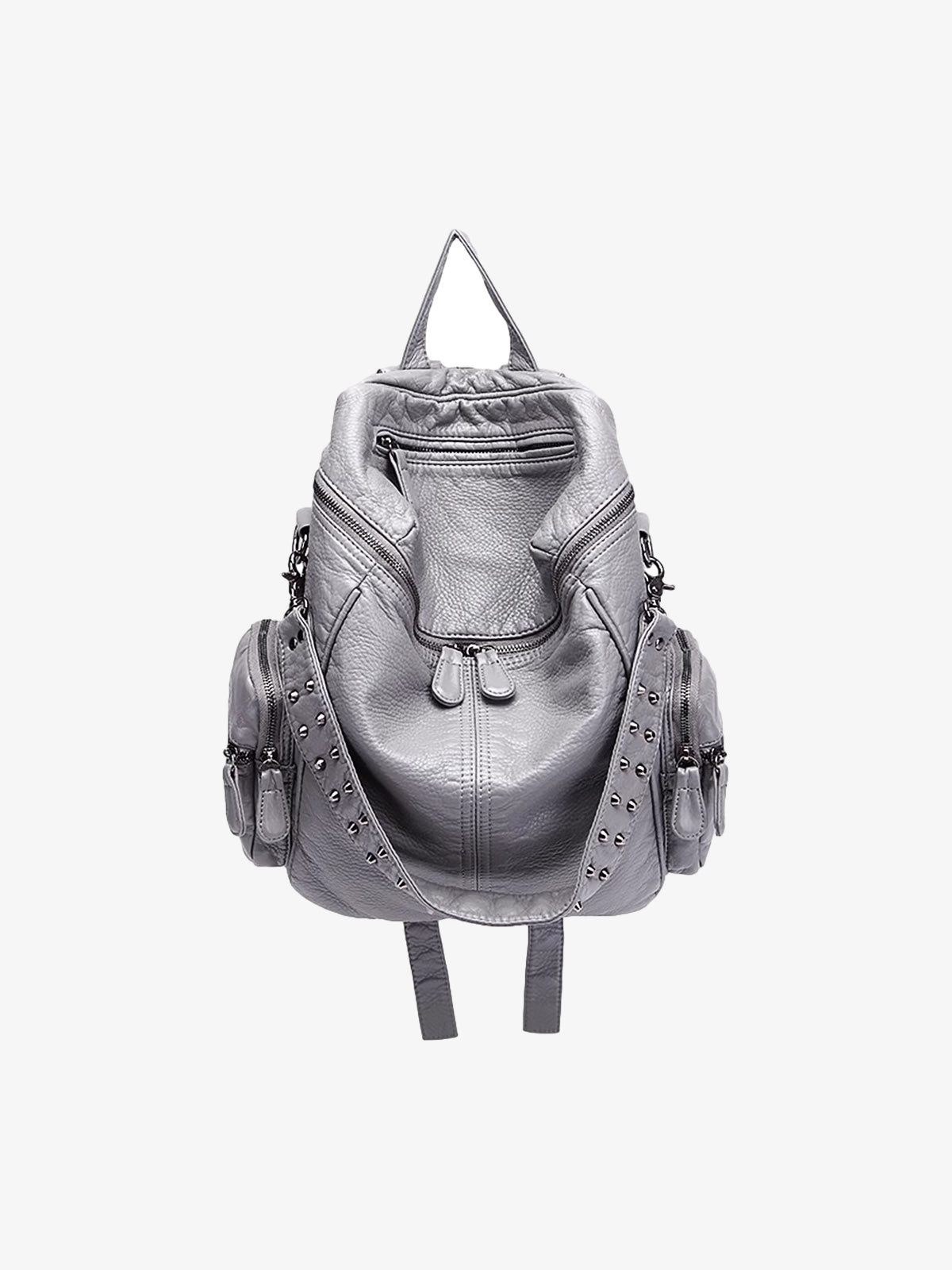 Washed Kunstleder-Rucksack mit Nieten – Grau, Vorderansicht | XoKool