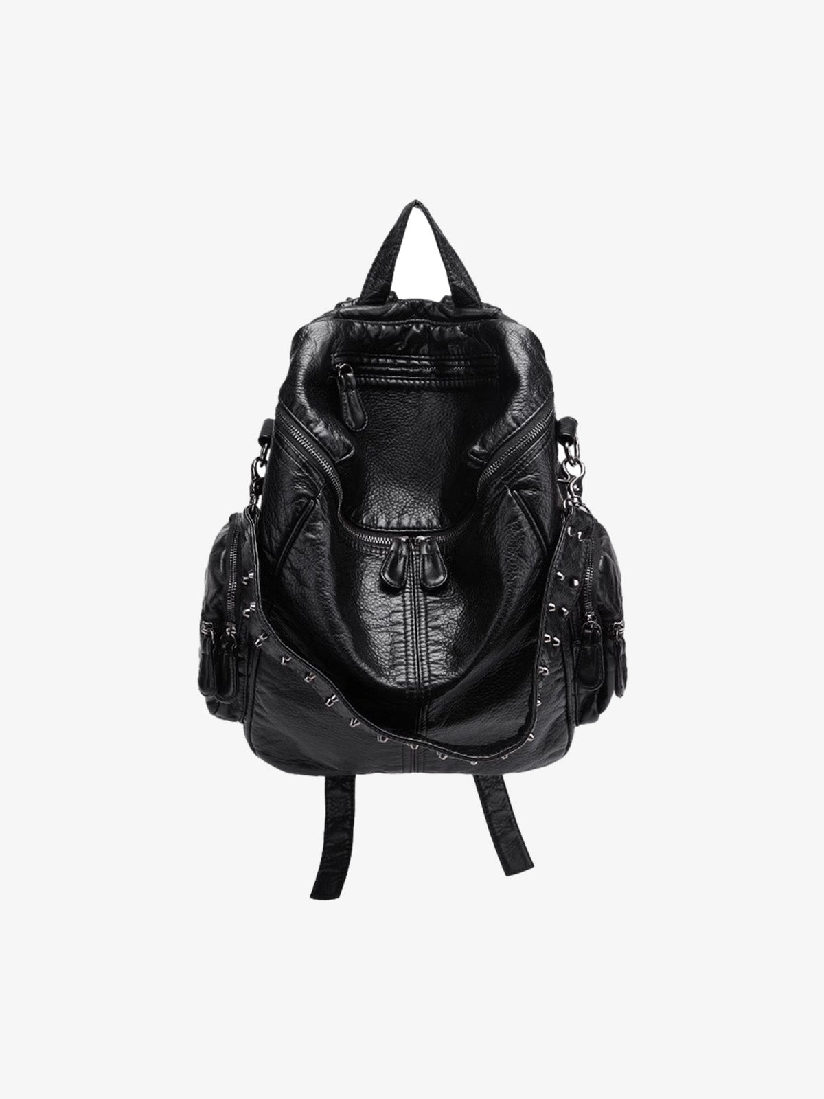 Washed Kunstleder-Rucksack mit Nieten – Schwarz, Vorderansicht | XoKool