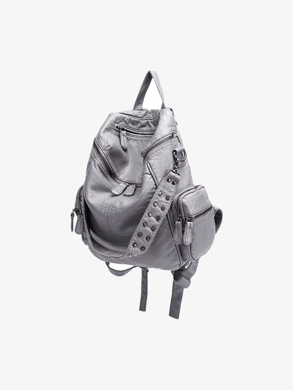 Washed Kunstleder-Rucksack mit Nieten – Grau, Dreiviertelansicht mit Gurt | XoKool