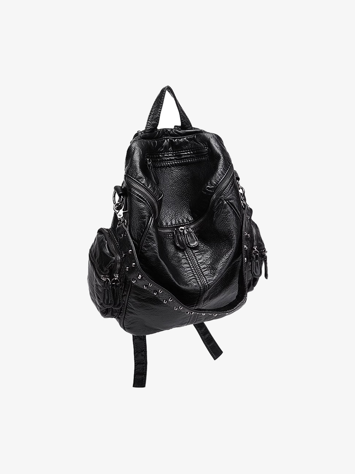 Washed Kunstleder-Rucksack mit Nieten – Schwarz, Dreiviertelansicht | XoKool
